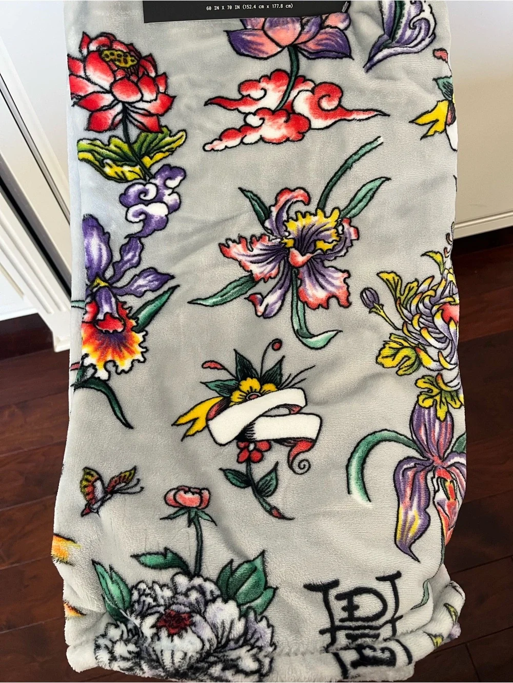 Ed Hardy Floral Printed Plush Oversized Throw Blanket- Light Gray